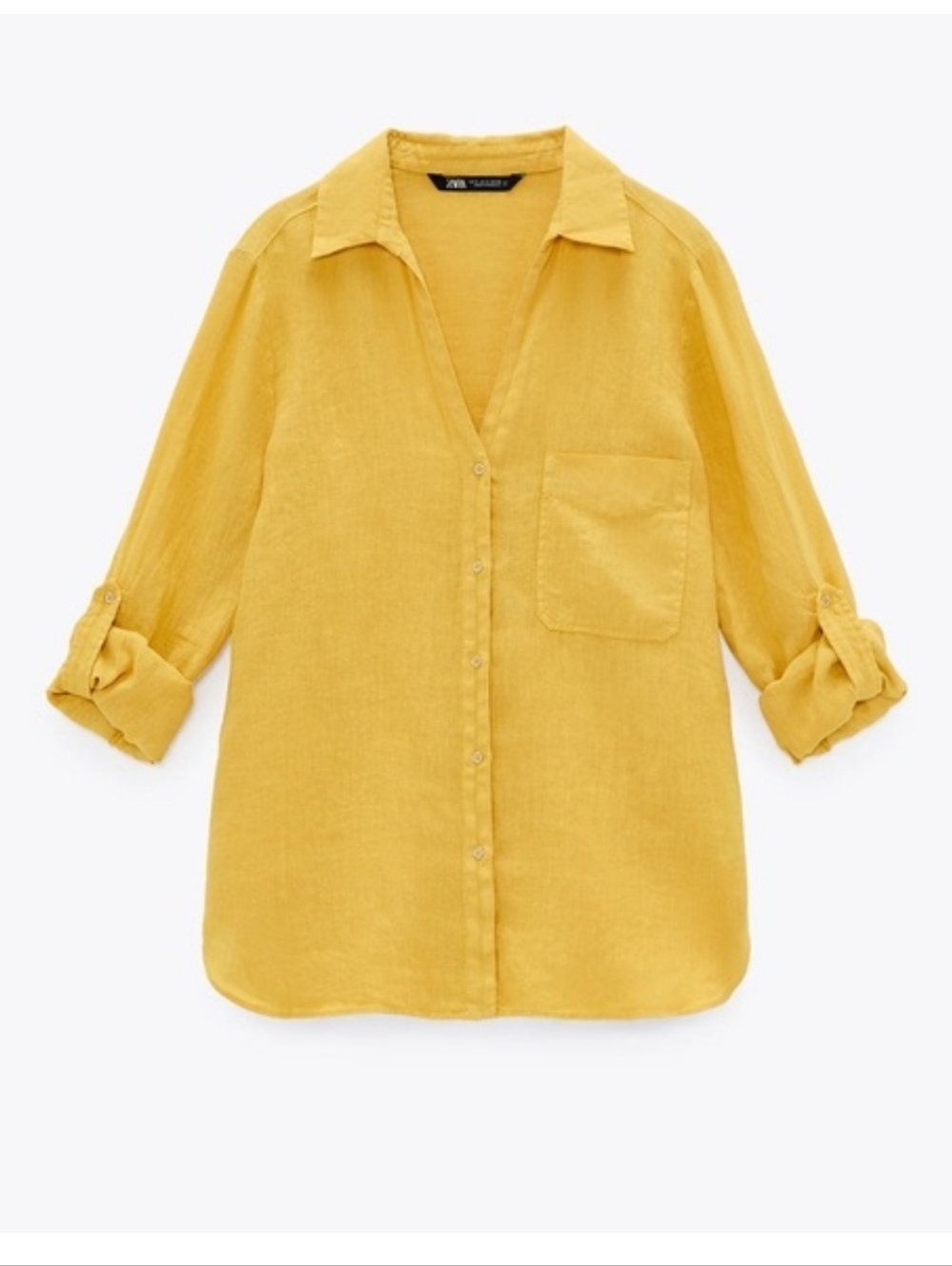 ZARA Yellow Linen Button-Down Shirt with Chest Pocket